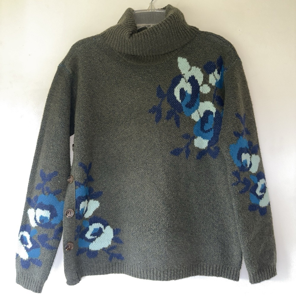 Grey Small Cowl Neck Sweater Blue Floral Long Sleeve Button Cottagecore Grandma